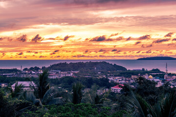 Panoramic nature background of the landscape with views of mountains, sea, trees and fishermen's houses. The beauty of the forest during the seasonal tourism season.
