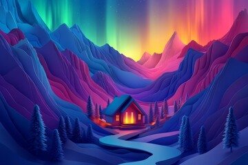 Vibrant aurora borealis over snow covered valley with a glowing cabin surrounded by colorful northern lights and dramatic mountain peaks
