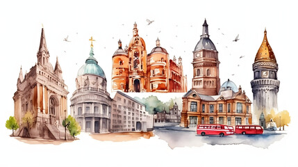 Obraz premium Exploring famous landmarks and attractions in city watercolor