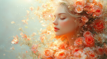 A dreamy digital portrait of a woman surrounded by soft peach roses, symbolizing beauty, femininity, and serenity—perfect for Women's Day (8 March)