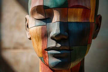 Colorful wooden sculpture of a human face with geometric patterns