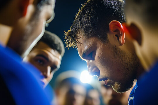 Rugby team in a huddle, strategizing before the big game, determination in their eyes with copy space. Warm stadium lighting. Motivational sports background. 