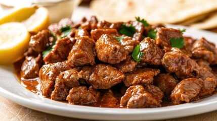 Delicious braised beef cubes with cilantro garnish and lemon wedges on a white plate