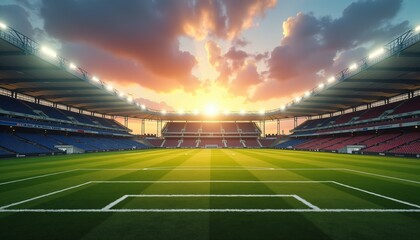 Obraz premium Stunning soccer stadium with green field at sunset, empty stands