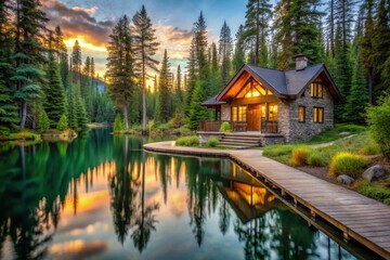 Fototapeta premium Serene Lakeside Cabin Retreat at Sunset, Reflecting Tranquil Waters and Lush Evergreen Forest