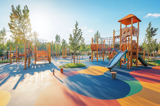 Modern playground with interactive play structures, rope bridges, and soft rubber flooring with copy space. Warm sunlight. 
