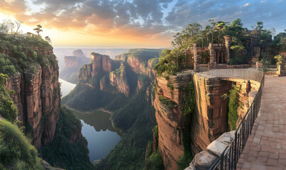 Majestic sunset over a breathtaking canyon landscape, featuring a stone structure perched precariously on the edge.  A serene lake reflects the vibrant sky.