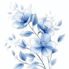 Blue Watercolor Blooming Flowers with Leaves Botanical Design for Spring