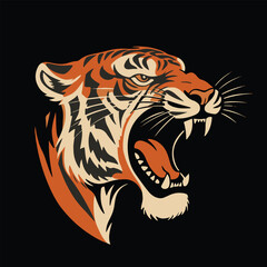 Roaring Majesty: A Vintage-Style Tiger Portrait in Bold Orange and Black, Capturing the Fierce Spirit of the Wild with an Open Mouth and Sharp Teeth Against a Stark Dark Backdrop