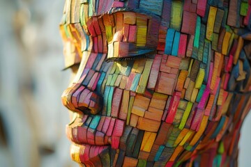 Naklejka premium Vibrant mosaic face sculpture with multicolored wooden pieces