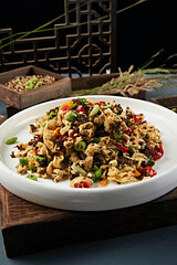 Fried Eggs with Rice Pepper, Garlic and Ground Vegetables