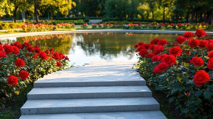 Stone Steps Lead To Serene Pond Amidst Vibrant Red Roses