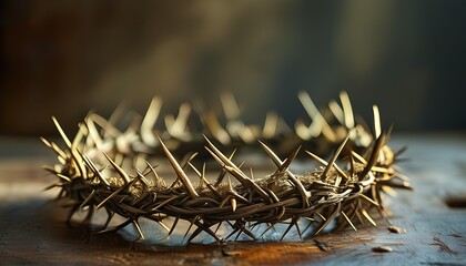Fototapeta premium A closeup of a crown of thorns rests on weathered wood, evoking imagery of Jesus Christ's crucifixion and sacrifice. The detail highlights the sharp thorns and rustic texture
