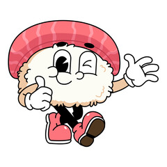Retro sushi mascot logo, Tuna Sushi, Maguro sushi waving hand