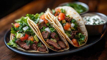 Delicious grilled beef tacos with fresh lettuce, diced tomatoes, and avocado, served with creamy sauce. perfect meal for taco lovers