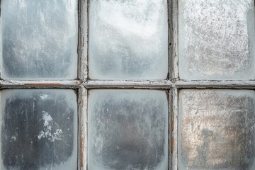 Old window with weathered frame and frosted glass panels