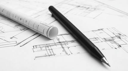 Architect's desk blueprints, pen, ruler. Planning new home design