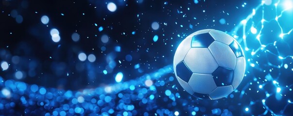 Naklejka premium A dynamic soccer ball moves through a shimmering blue background, surrounded by sparkling effects, evoking energy and excitement in sports.