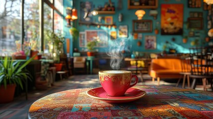 Fototapeta premium A Warm Cup of Coffee Resting on a Rustic Wooden Table in a Cozy Cafe with Soft Ambient Lighting Inviting Patrons to Relax and Savor Their Moments in a Welcoming Atmosphere