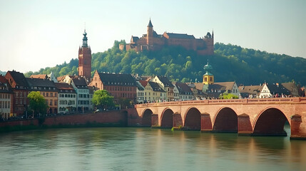 Obraz premium Picturesque Heidelberg, Germany a scenic river view of the Altstadt, the Alte Brücke, and Heidelberg Castle perched atop a hill.