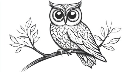 Obraz premium Detailed Black and White Illustration of an Owl Sitting on a Branch