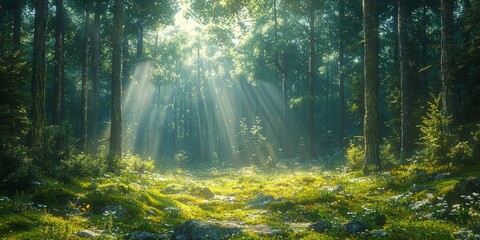 Obraz premium Tranquil Woodland Scene with Moss-Covered Ground and Gentle Sunbeams 