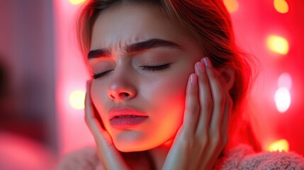 Obraz premium Woman with Jaw Pain Under Red Light Glow