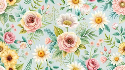 A Delicate Watercolor Floral Pattern Featuring Roses, Daisies, and Sunflowers on a Soft Blue Background, Ideal for Fabric Prints, Wallpapers, and Decorative Designs