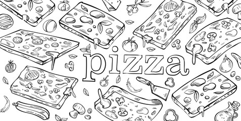 Pizza slice square Background in Doodle Style. horizontal Hand drawn sketch . set vector illustration
