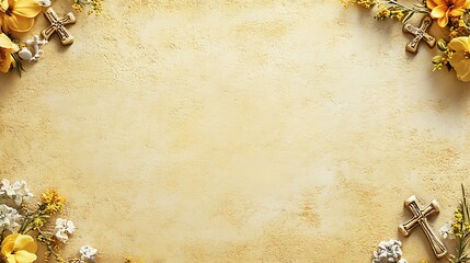 Golden Crosses and Yellow Flowers on Beige Background