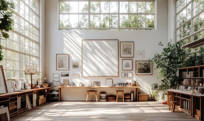 Light and Airy Studio Floor-to-ceiling windows flood this minimalist artist's studio with natural light. White walls and clean lines provide a blank canvas for, Generative AI