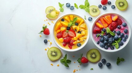 Vibrant Display of Fresh Seasonal Fruits in Two Elegant Bowls Surrounded by Natural Light Creating an Inviting Healthy Snack Scene Perfect for a Summer Gathering or Family Meal