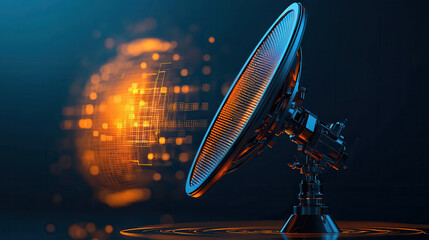 Futuristic satellite dish scanning glowing holographic interface, showcasing advanced technology and digital communication. vibrant colors create captivating atmosphere