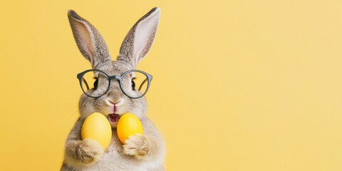 Fototapeta premium happy easter, funny animal, holiday celebration greeting card - Rabbit easter bunny with glasses and easter egg, isolated on yellow background