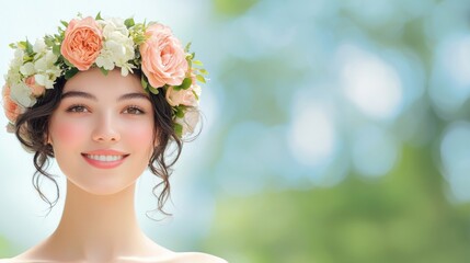 Beautiful Woman with Flower Crown in Natural Setting and Soft Hair Styling Techniques