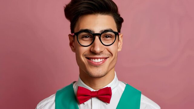 Man in a green vest and red bow tie is smiling. He is wearing glasses and has a red bow tie