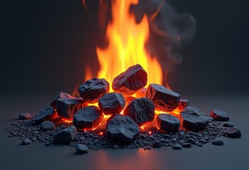 Burning Charcoal Briquettes with Orange Flames and Smoke on Dark Background
