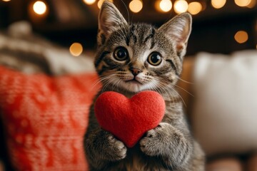 Digital ads animal creative. Havana brown - my desired cat, symbol of care. Cute havana brown baby cat cub with pet toy red heart at cozy apartment. Valentineâ€™s day pet surprise.