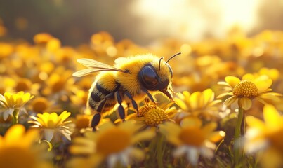 Bees pollinate food crops cute 3d anime style, Generative AI