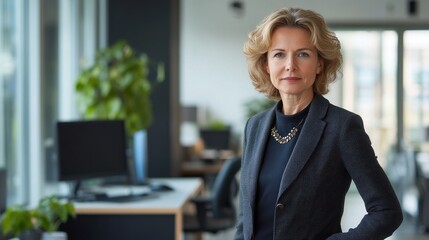 A confident middle-aged woman stands elegantly in a modern office environment, showcasing her professionalism and leadership qualities with a poised demeanor.