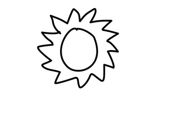 hand drawn mountain village with sun, cloud, tree, and bird