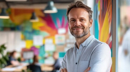 Fototapeta premium A cheerful European man in a casual shirt smiles confidently against a vibrant background, reflecting a modern and creative workspace atmosphere.