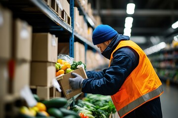 Worker Carefully Places Fresh Produce in Boxes at the Warehouse, Ensuring Safe and Efficient Storage of Goods for Distribution.