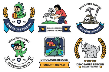 Set of illustrations in the Dinosaurs concept in line art style
