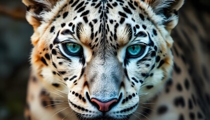 Obraz premium Female snow leopard with clear blue eyes and thick white fur dotted with black rosettes