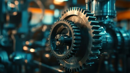 Fototapeta premium Close-up industrial gears, factory machinery, intricate mechanism, background blur, engineering concept