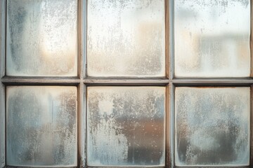 Grimy windowpane with six panes showing blurred background outside