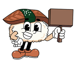 Retro sushi mascot logo, eel sushi, unagi sushi hold a wooden sign