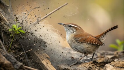 Double Exposure of Bewick's Wren with Charcoal, Dirt, and Dust Particles for Nature Photography