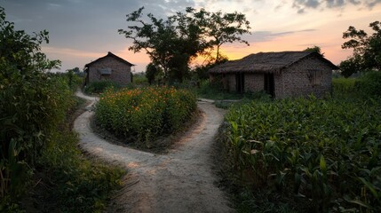 Winding path leads to rural houses at sunset
